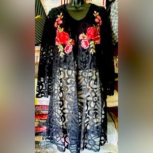 Lace Trim Longline Coat with Floral embroidery